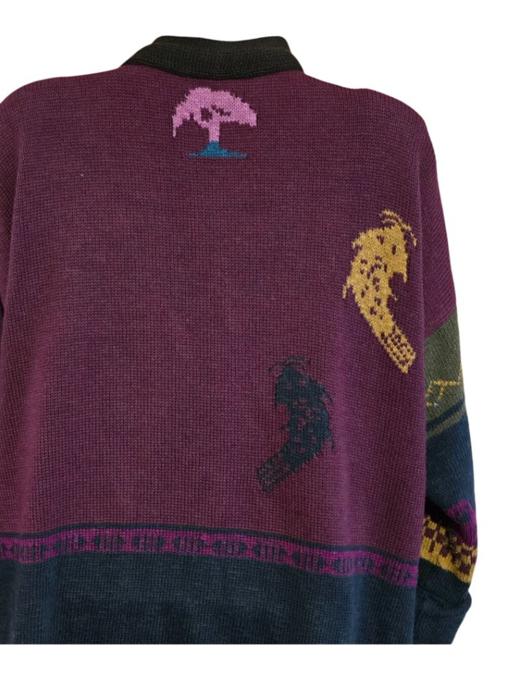 Colorful Birds & Moose Patterned Long Knit Sweater Cardigan ski warm winter - Picture 12 of 15